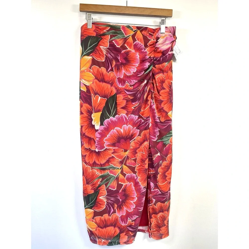 NWT Womens Ruched Peony Floral Midi Skirt L Slit Mesh Strechy Tropical Resort‎
